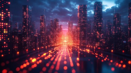 Glowing highway through futuristic city at sunset