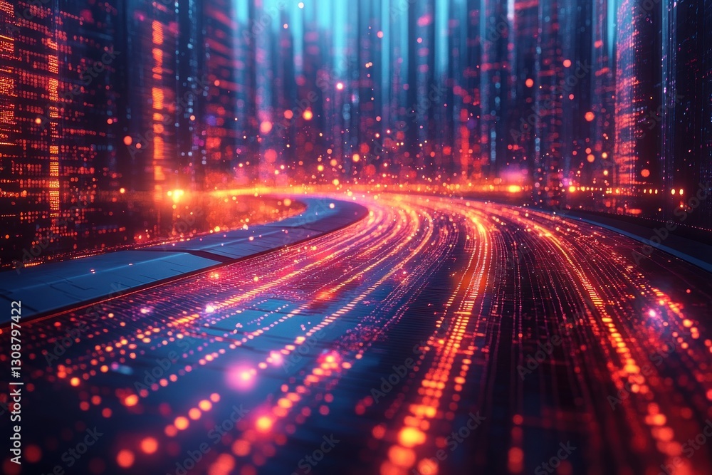 Aufkleber light trails speed through digital city with glowing data streams