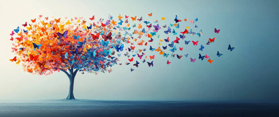 A vibrant digital illustration of a tree made of colorful butterflies, ideal for World Mental Health Day promotions or wellness-themed designs.