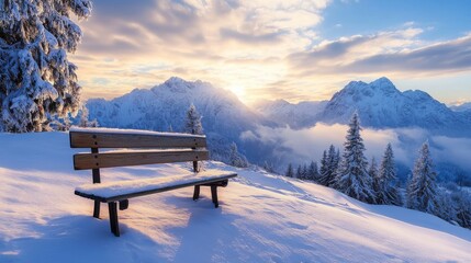 A snow covered wooden bench overlooking snowy mountain scenery
