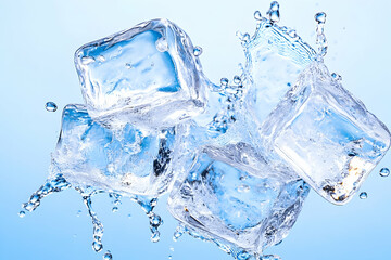 Sparkling Ice Cubes Splashing on Blue Background - Refreshing Drink Ad