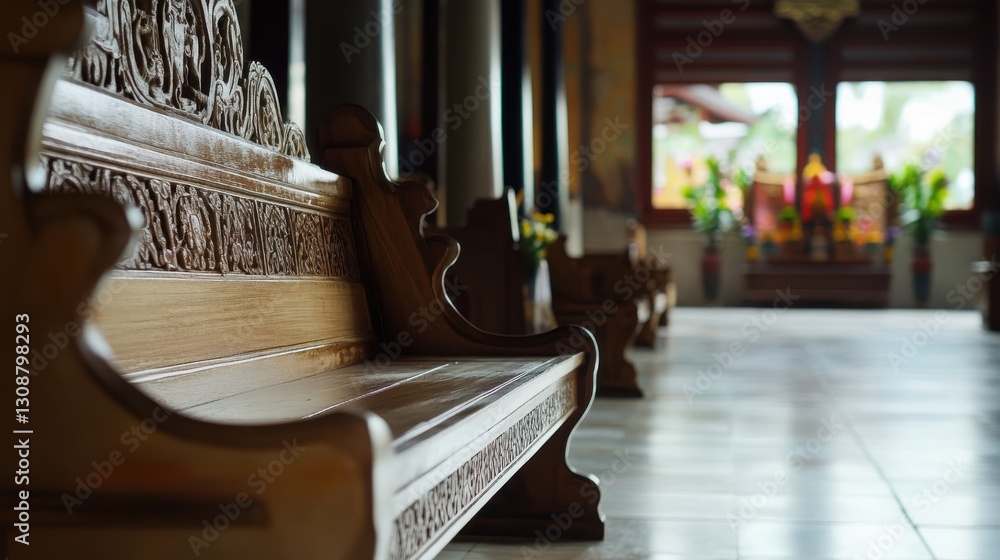 Poster an ornate wooden bench inside a building with columns and windows