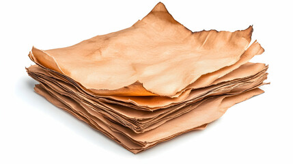 Stack of aged parchment papers; isolated on white background; ideal for historical or fantasy design elements