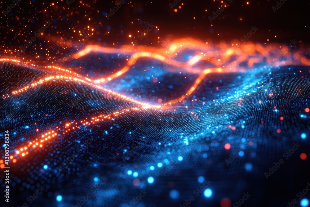 Poster glowing particle waves flow across digital landscape, sparks in background