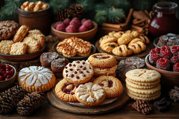 A delightful scene featuring a variety of cookies freshly baked on a rustic table.