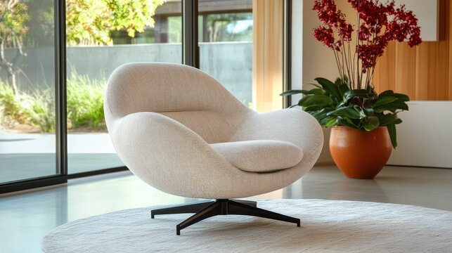Modern swivel chair in modern home with plants and view