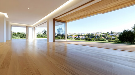 Fototapeta premium Sunlit Luxury Living Room; Hillside View; Open Floor Plan; Modern Interior Design; Real Estate Listing