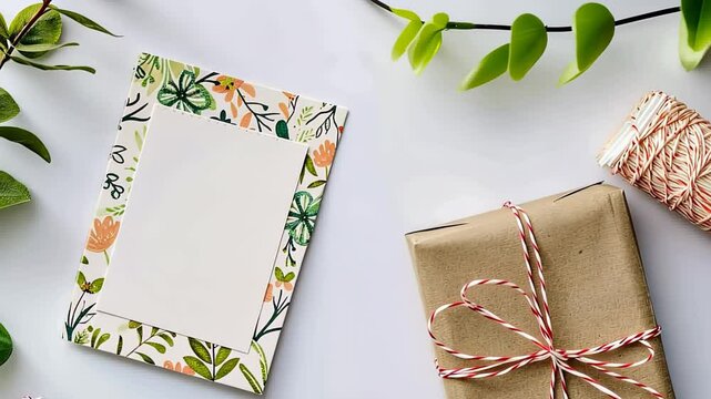 Flat lay of a gift, card, and plant, with space for Father's Day message.