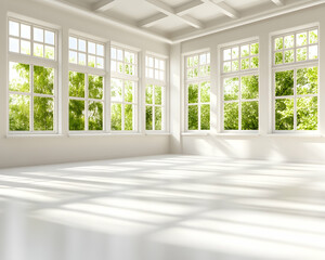 Fototapeta premium Sunlit Room Empty space, lush green view, white walls, ideal for design/real-estate