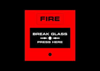 emergency fire alarm button red, break glass, press here flat red graphic vector illustration