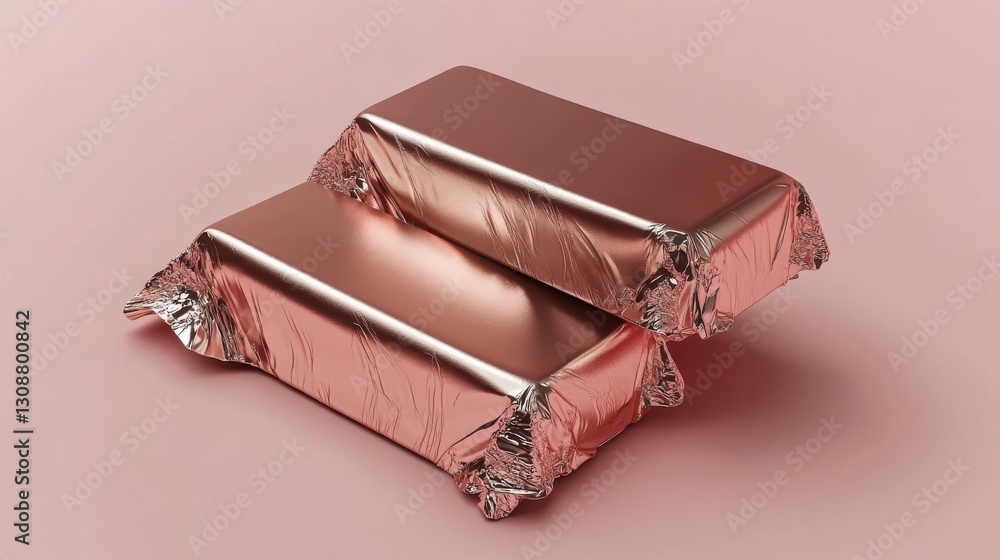 Poster two metallic wrapped rectangular objects stacked on a pink background
