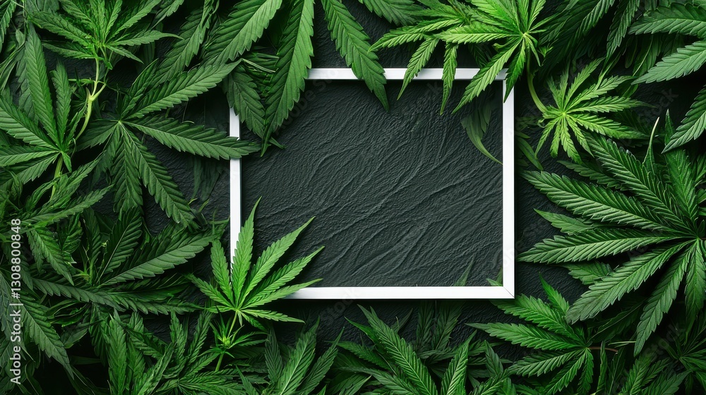 Poster abstract empty white frame in the leaves of marijuana with copy space