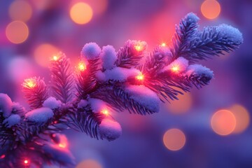 Fototapeta premium Festive Winter Holiday Scene with Snowy Pine Branch and Glowing Lights