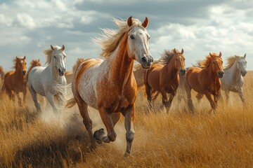 Obraz premium Horses galloping through golden field under cloudy sky