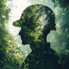 A silhouette of a soldier infused with lush forest imagery, symbolizing nature's resilience.