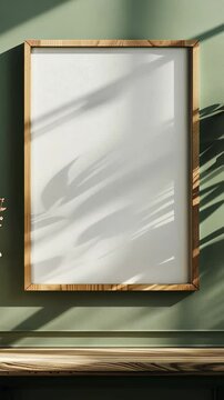 Wooden frame on a wall with plant shadows, vase with dried flowers. Mockup frame, Ratio 2x3.
