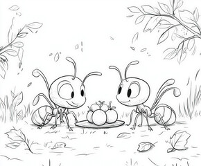 A cheerful picnic scene with ants and fruit, coloring page for kids, simple outline illustration. Coloring book.