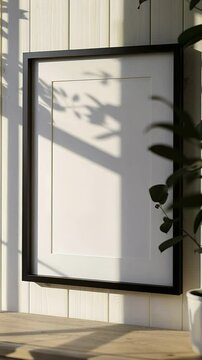 Frame mockup on a wooden bench with plants and shadows. Ratio 2x3.