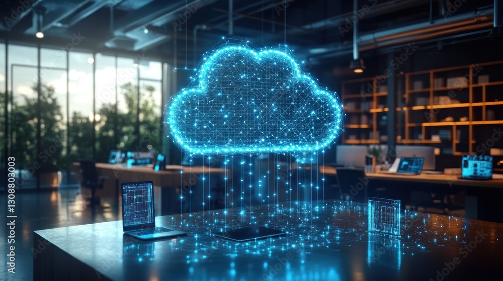 Poster glowing cloud data transfer in modern office with computers