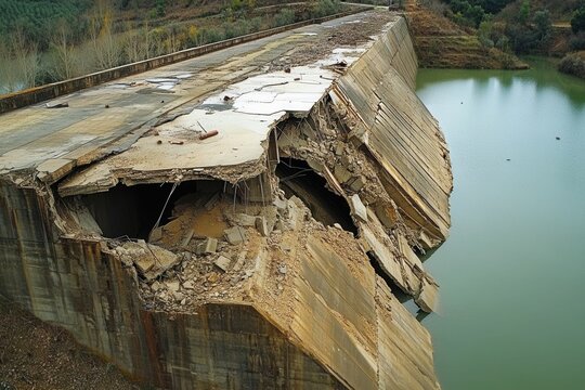 Broken Dam in Vega de Tera, Zamora, Spain. Disaster of Concrete Structure Revealing Nature's Impact