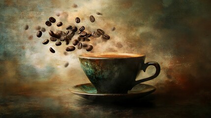 Coffee beans floating in cup of espresso, soft moody light, deep rich tones, and artistic abstract composition, close-up shot.