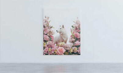 Elegant White Dog Surrounded by Vibrant Pink Floral Arrangement