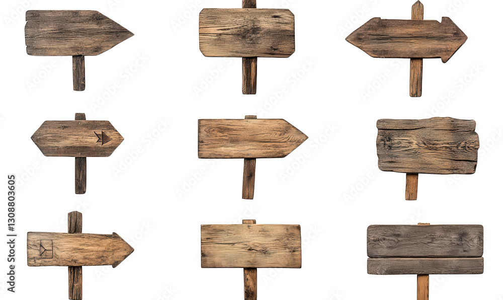 Poster collection of wooden directional signs arranged in a grid each sign varies in shape and size. with s