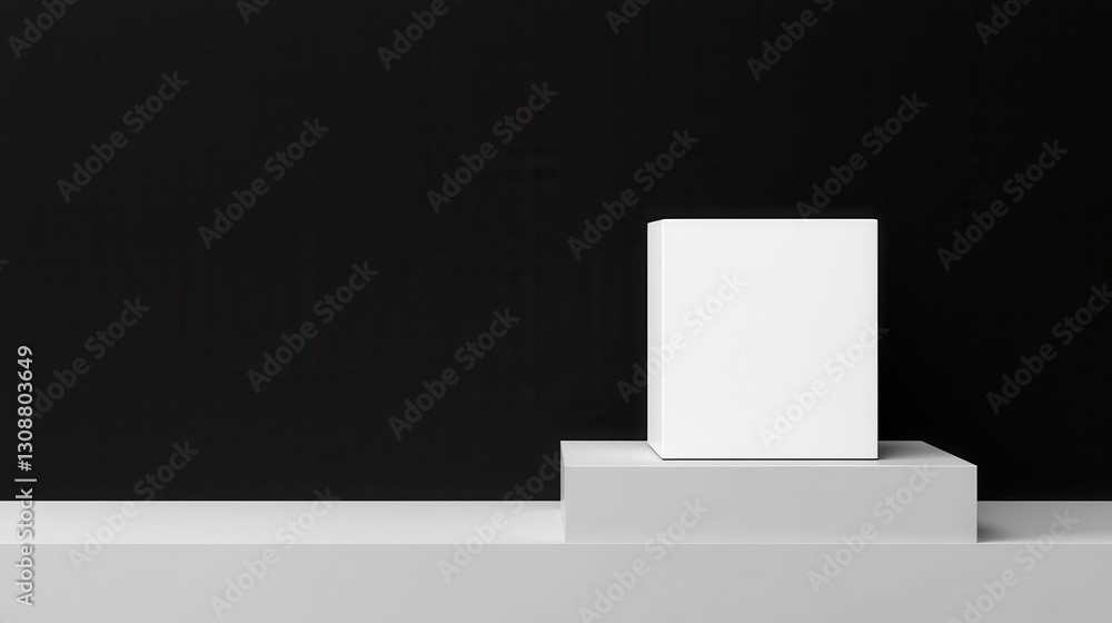 Poster minimalist display of white cube on simple gray platform against black background