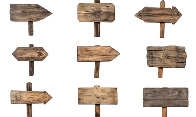 collection of wooden directional signs arranged in a grid each sign varies in shape and size. with some displaying arrows and others being blank. suggesting a rustic aesthetic suitable for guiding or