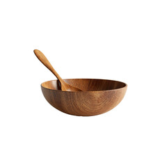 A smooth, Wooden bowl and wooden spoon isolated png.