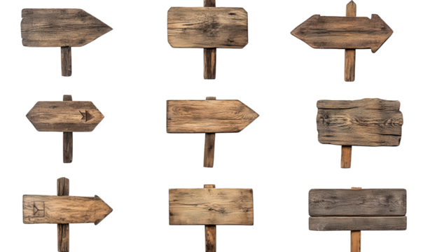 collection of wooden directional signs arranged in a grid each sign varies in shape and size. with some displaying arrows and others being blank. suggesting a rustic aesthetic suitable for guiding or