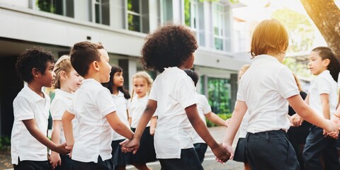 Group of diverse students holding hands in a circle outdoors. Students in school uniforms, playing...