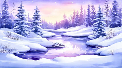 Winter scene, river flowing through snowy forest, dawn light, serene landscape, for holiday cards/wallpapers
