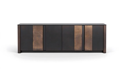 A contemporary sideboard cabinet with a sleek matte finish and metal accents, isolated on a white backdrop