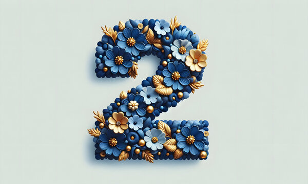 Die Zahl 2 aus blauen und goldfarbenen Bl&uuml;ten gelegt auf hellem Hintergrund, copy space