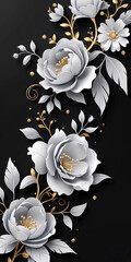 Unique Gray and Gold Peony and Rose Flower Illustration Set Against Matte Black Background for Personalized Invitations Floral Botanical invitation or Wallpaper Design