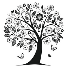Black tree silhouette with heart-shaped leaves, love and family concept, vector illustration symbolizing connection, care, and affection, perfect for romantic and nature themes
