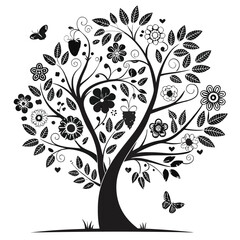 Black tree silhouette with heart-shaped leaves, love and family concept, vector illustration symbolizing connection, care, and affection, perfect for romantic and nature themes
