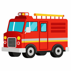 A cartoon illustration of a red firetruck with yellow ladder and flashing lights