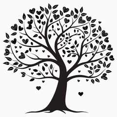 Black tree silhouette with heart-shaped leaves, love and family concept, vector illustration symbolizing connection, care, and affection, perfect for romantic and nature themes
