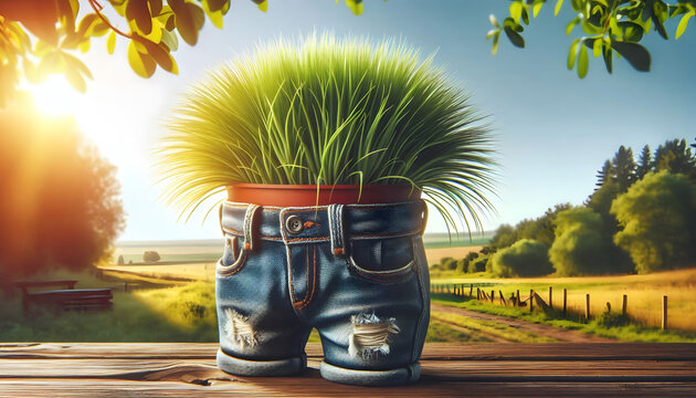 Blumentopf in Form einer Jeanshose mit einer zotteligen Topfpflanze oben als Frisur, Gartendeko, kreative Ideen, copy space, Gartengestaltung