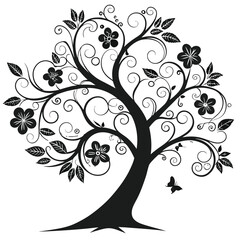 Black tree silhouette with heart-shaped leaves, love and family concept, vector illustration symbolizing connection, care, and affection, perfect for romantic and nature themes
