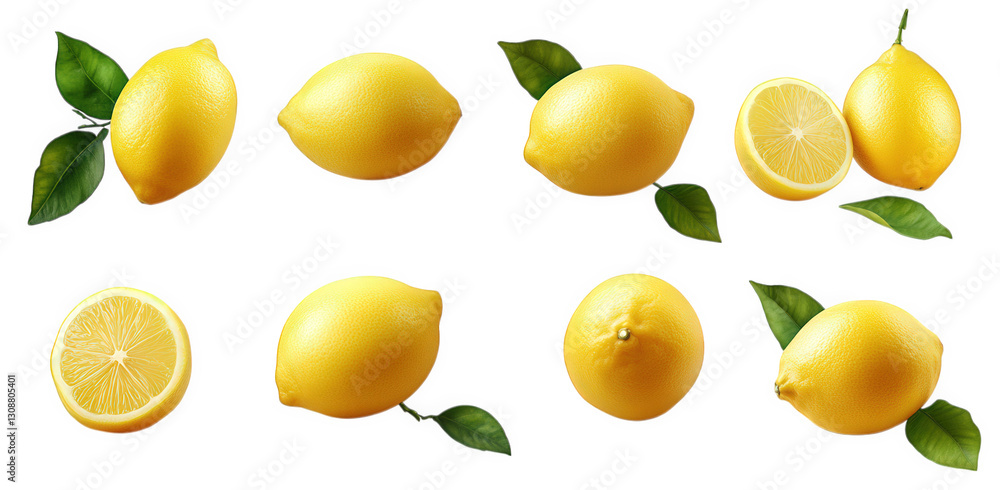 Poster collection of lemons. showcasing various angles and slices. highlighting their vibrant yellow color 