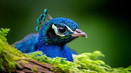 Obraz premium Young peacock resting amidst lush green foliage, ideal for nature documentaries or wildlife publications