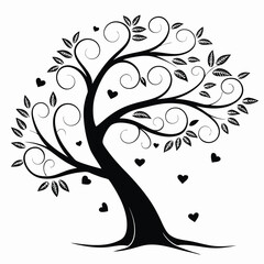 Black tree silhouette with heart-shaped leaves, love and family concept, vector illustration symbolizing connection, care, and affection, perfect for romantic and nature themes
