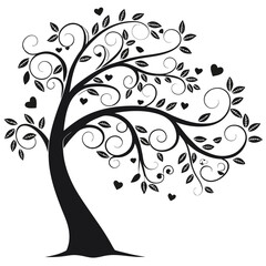 Black tree silhouette with heart-shaped leaves, love and family concept, vector illustration symbolizing connection, care, and affection, perfect for romantic and nature themes
