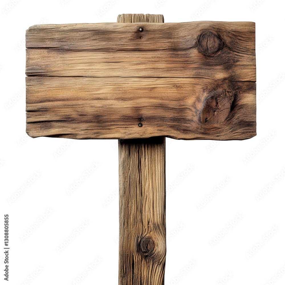 Poster a weathered wooden signpost with a blank surface. suggesting it is meant for displaying information 