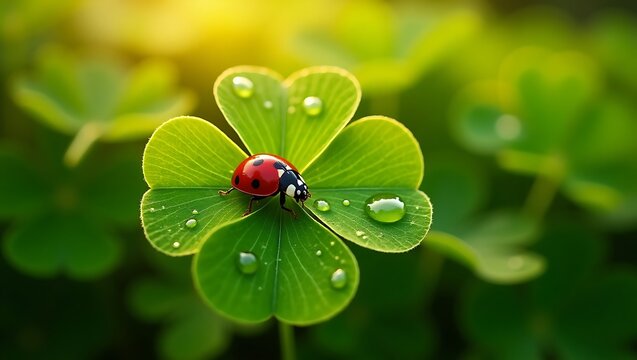 Close-Up of a Ladybug on a Four-Leaf Clover – Nature’s Lucky Charm. Close-up of a clover leaf with a tiny ladybug perched on it 