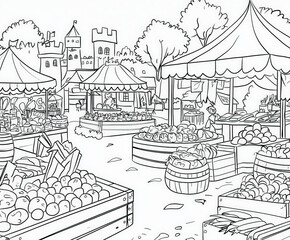 Fototapeta premium A festival scene with food stalls and entertainment, coloring page for kids, simple outline illustration. Coloring book.