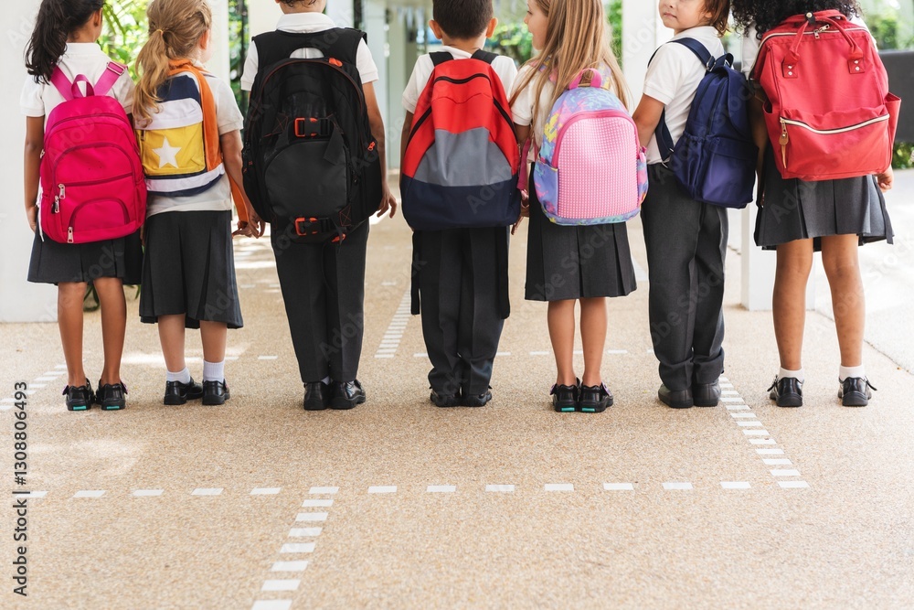 Poster diverse elementary students with backpacks standing in a line rear view. diverse kids in school unif